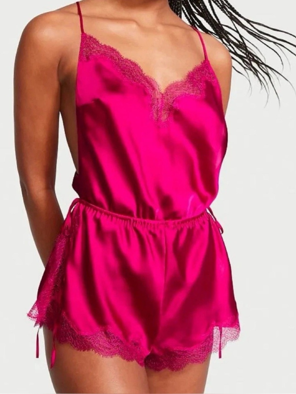 Victoria’s Secret Satin Lace Trim Cami Romper - Hot Pink 💖